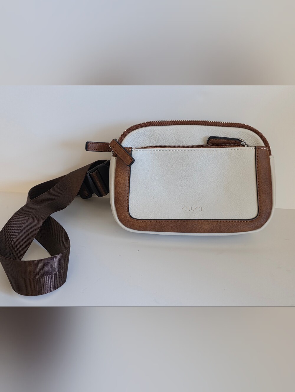 White and Brown Vegan Leather Crossbody Pouch